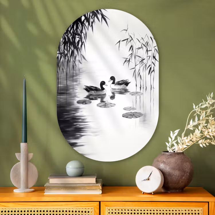 Muurovaal - Glas - Eenden - Waterlelies - Riet - Zwart — 2