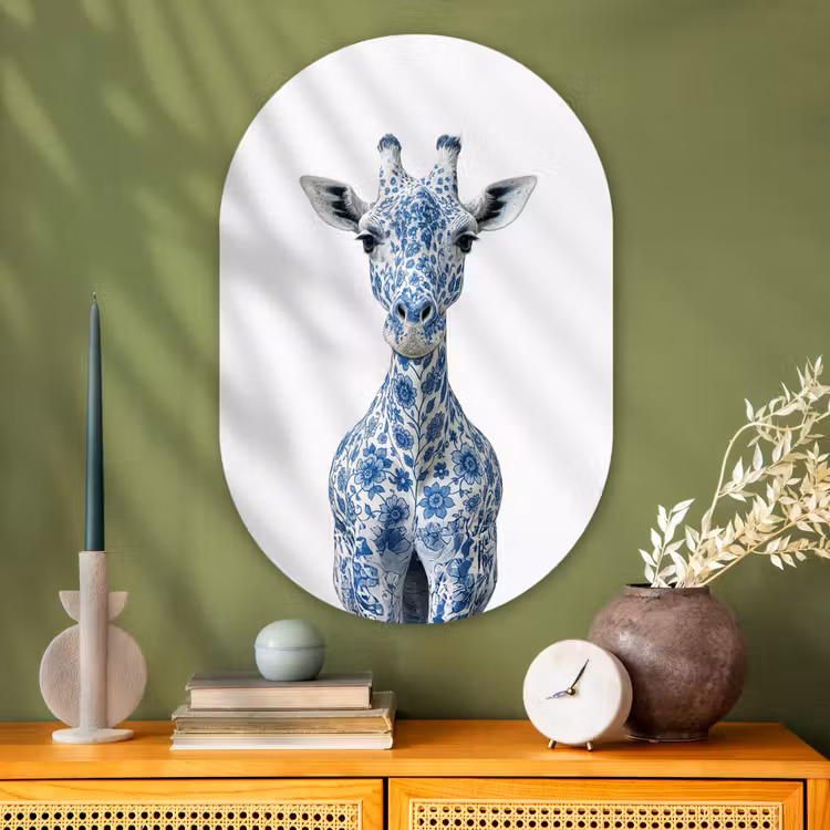 Muurovaal - Glas - Giraffe - Delfts blauw - Dieren - Minimalistisch — 2