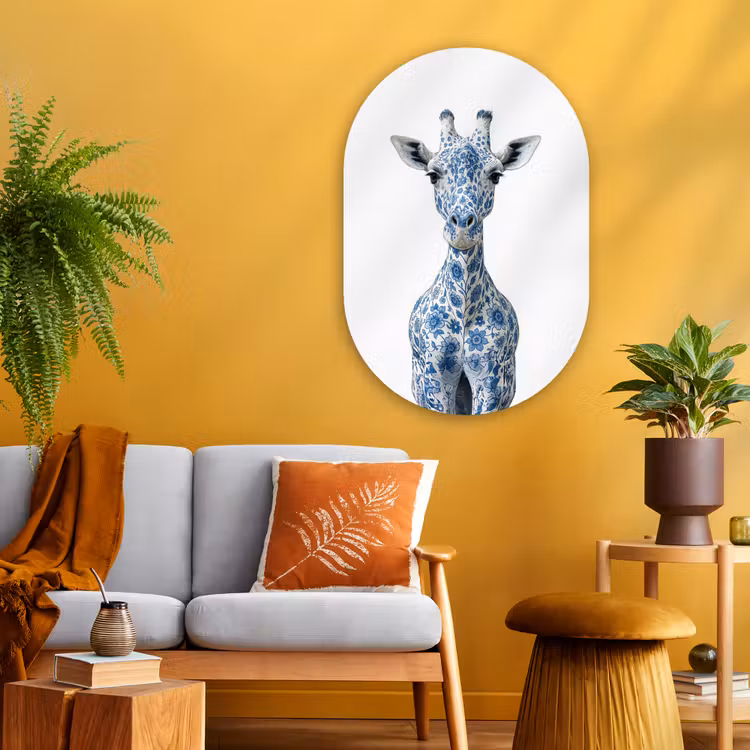 Muurovaal - Glas - Giraffe - Delfts blauw - Dieren - Minimalistisch — 3