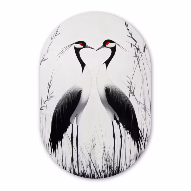Muurovaal - Glas - Kraanvogels - Gras - Hartvorm - Zwart — 1