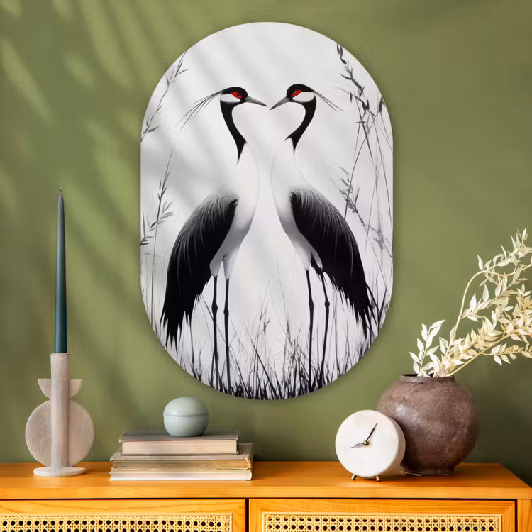 Muurovaal - Glas - Kraanvogels - Gras - Hartvorm - Zwart — 2