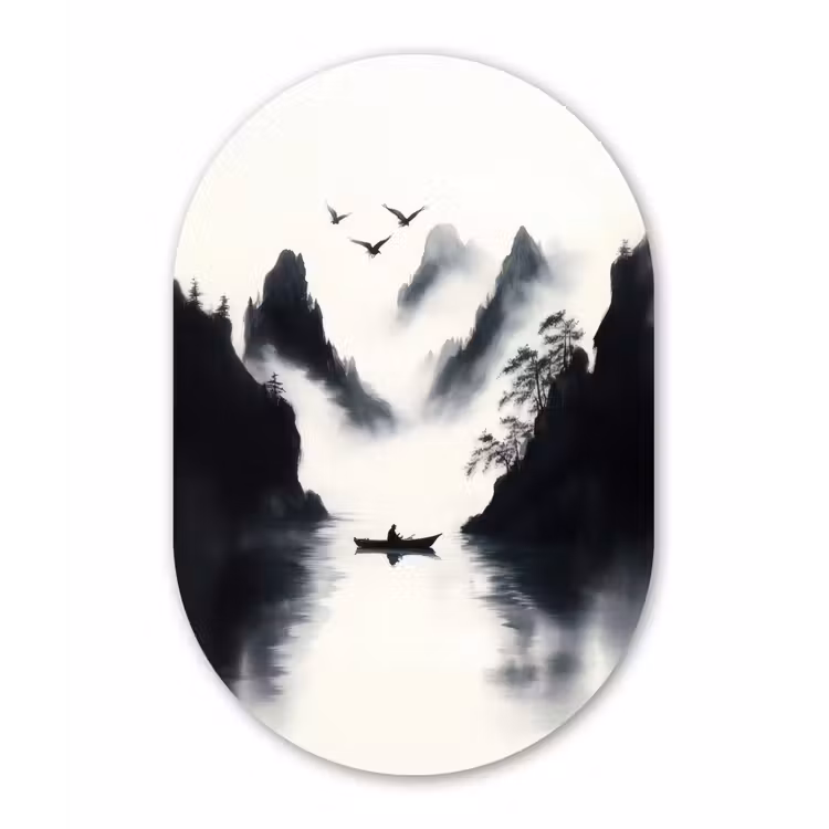 Muurovaal - Glas - Roeiboot - Mistig - Bergen - Vogels — 1