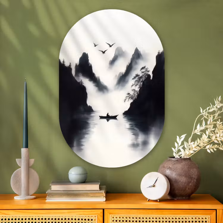 Muurovaal - Glas - Roeiboot - Mistig - Bergen - Vogels — 2
