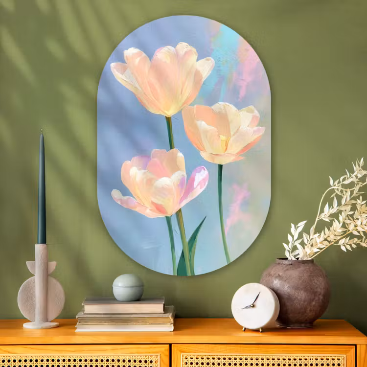 Muurovaal - Glas - Tulpen - Roze accenten - Blauw — 2