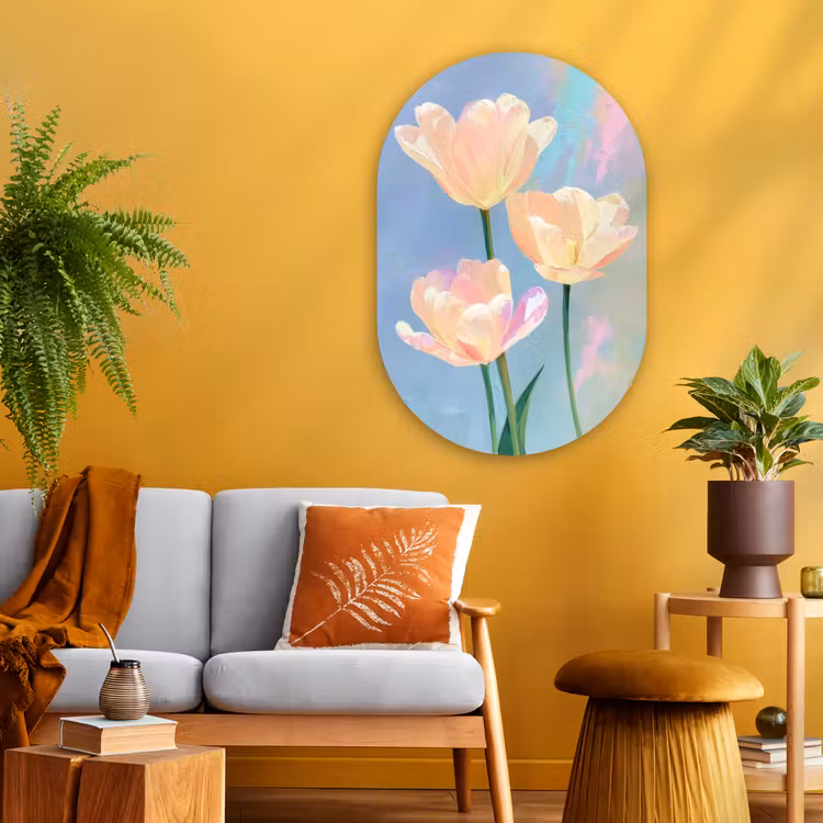 Muurovaal - Glas - Tulpen - Roze accenten - Blauw — 3