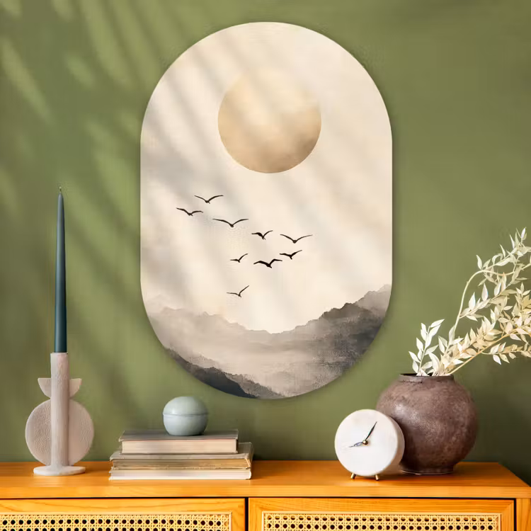 Muurovaal - Glas - Landschap - Japandi - vogel — 2