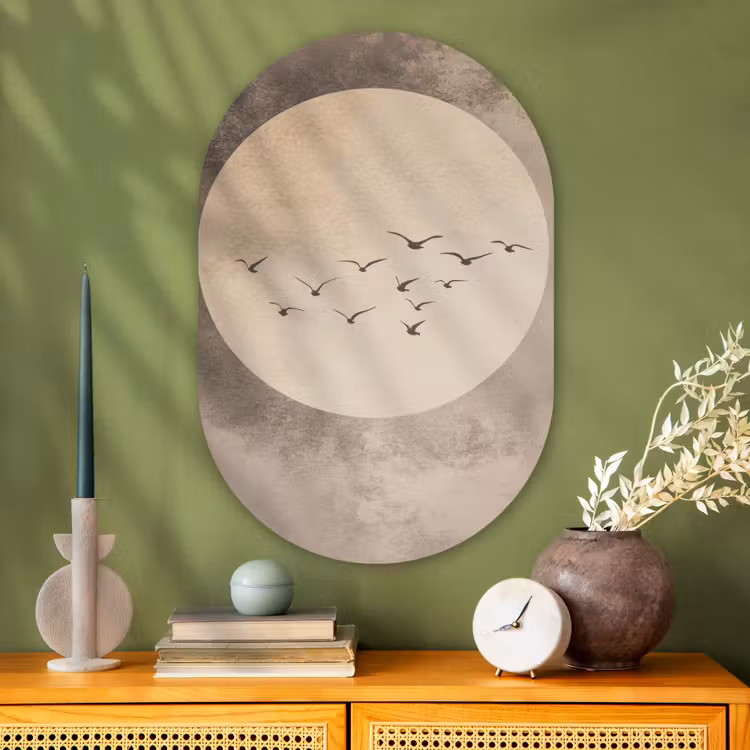Muurovaal - Glas - Vogel - Beige - Japandi — 2