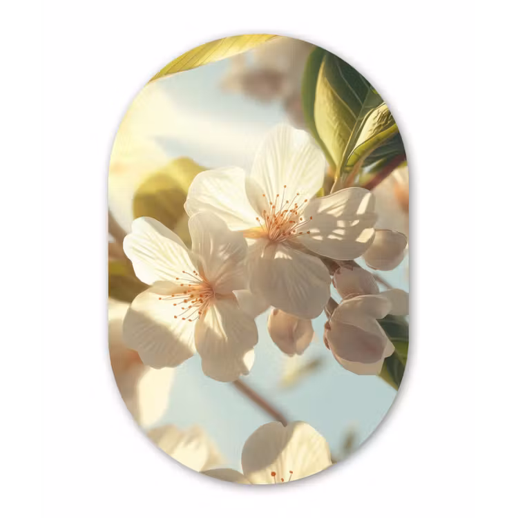 Muurovaal - Glas - Bloesems - Wit - Zonnestralen -  Bloemblaadjes — 1