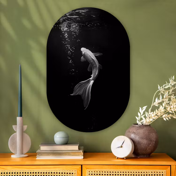 Muurovaal - Glas - Koi - Vis - Wit - Zwart — 2