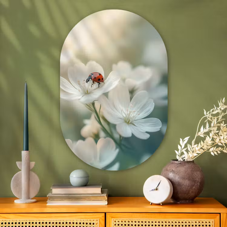 Muurovaal - Glas - Lieveheersbeestje - Bloemen - Wit — 2