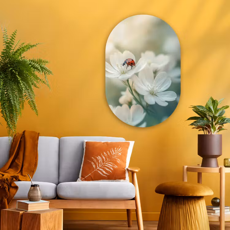 Muurovaal - Glas - Lieveheersbeestje - Bloemen - Wit — 3