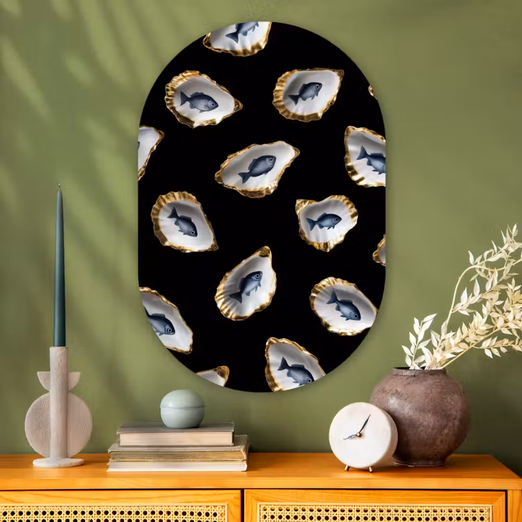 Muurovaal - Glas - Oesters - Vissen - Blauw - Goud — 2