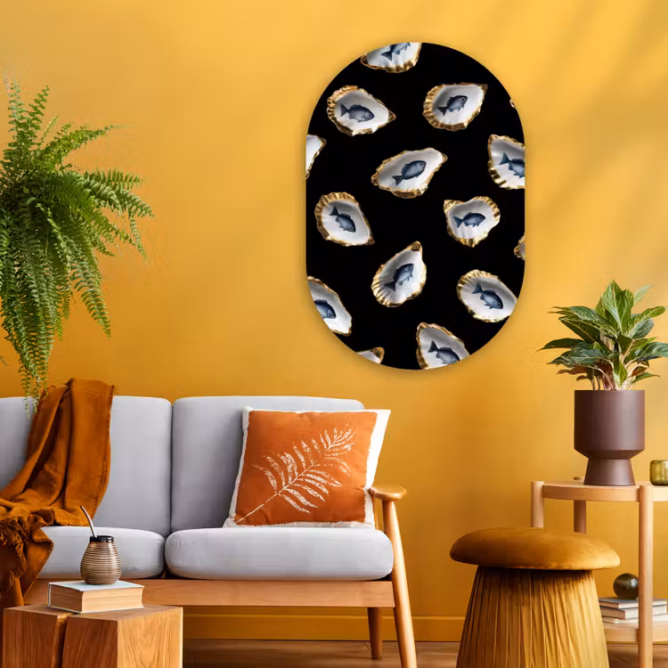 Muurovaal - Glas - Oesters - Vissen - Blauw - Goud — 3