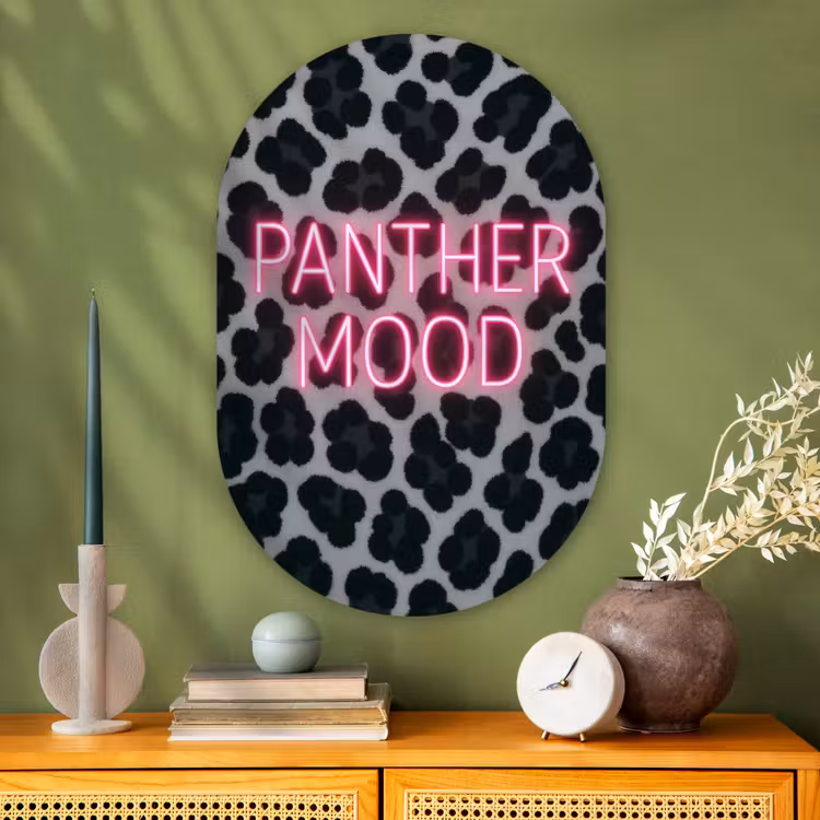 Muurovaal - Glas - Panterprint - Zwart - Neonletters - Roze — 2