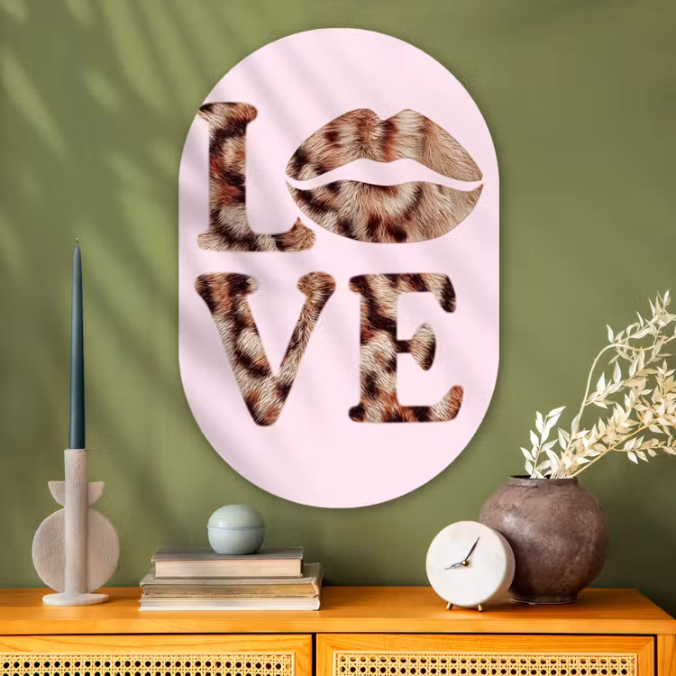 Muurovaal - Glas - Tekst - Love - Pantervacht - Lichtroze — 2