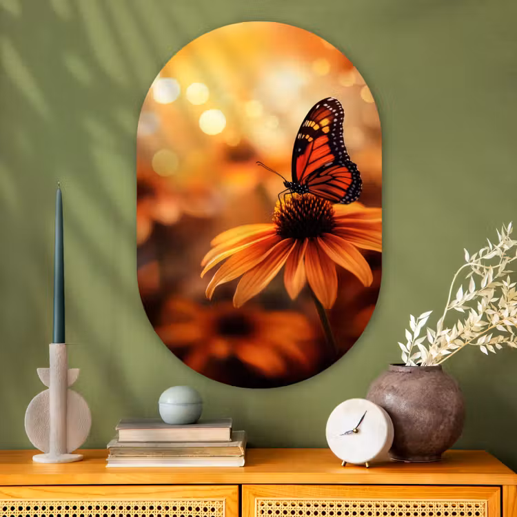 Muurovaal - Glas - Vlinder - Bloemen - Oranje — 2