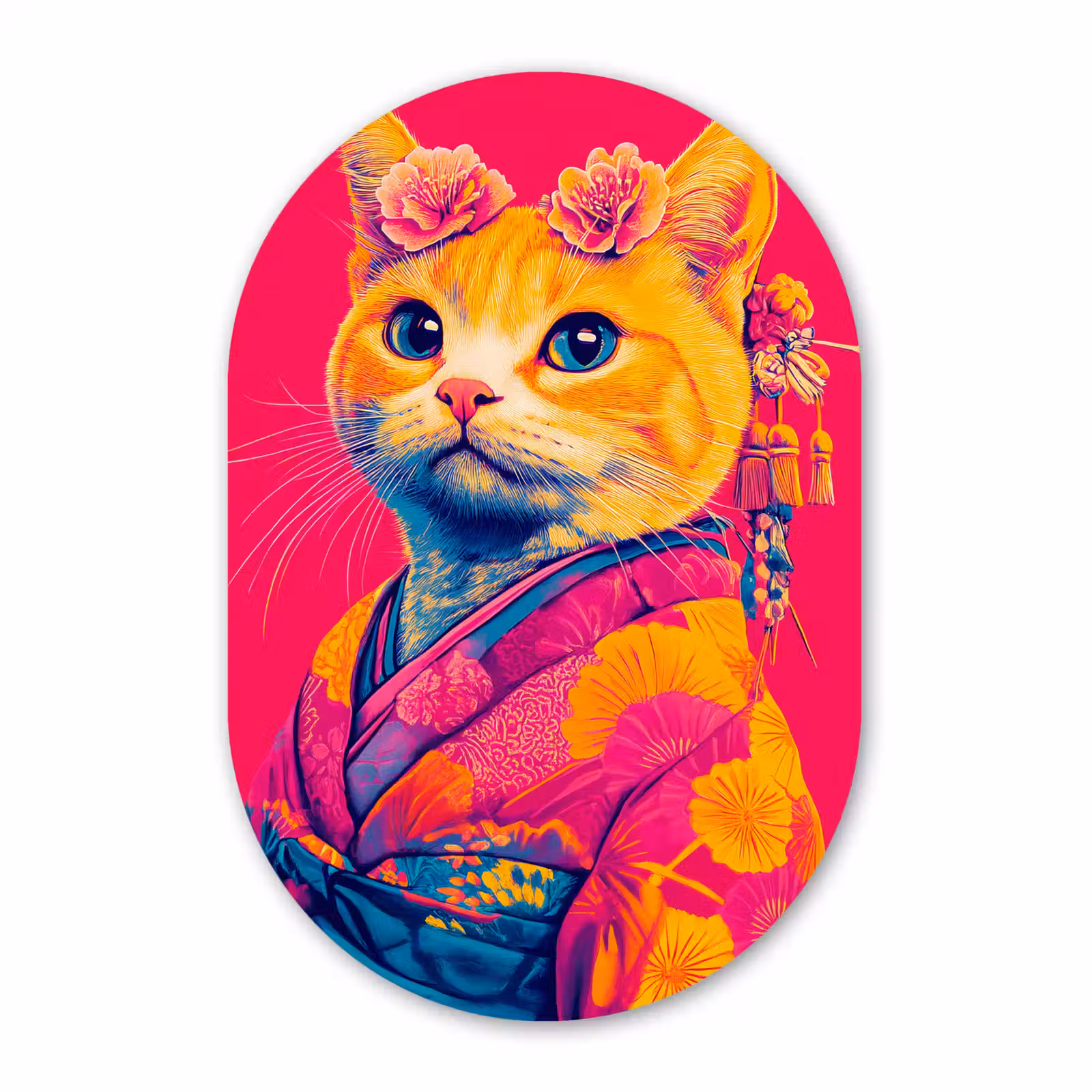 Muurovaal - Glas - Kat - Kimono - Bloemen - Roze — 1
