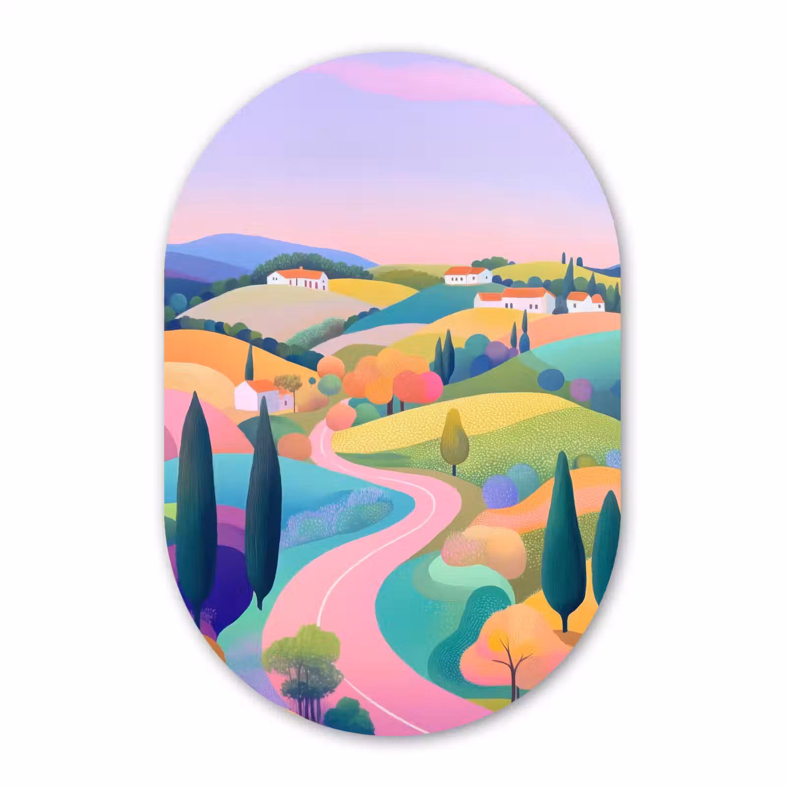 Muurovaal - Glas - Landschap - Paars - Pastel - Huizen — 1