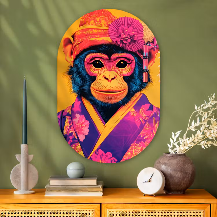 Muurovaal - Glas - Aap - Kimono - Bloemen - Hoofdtooi — 2