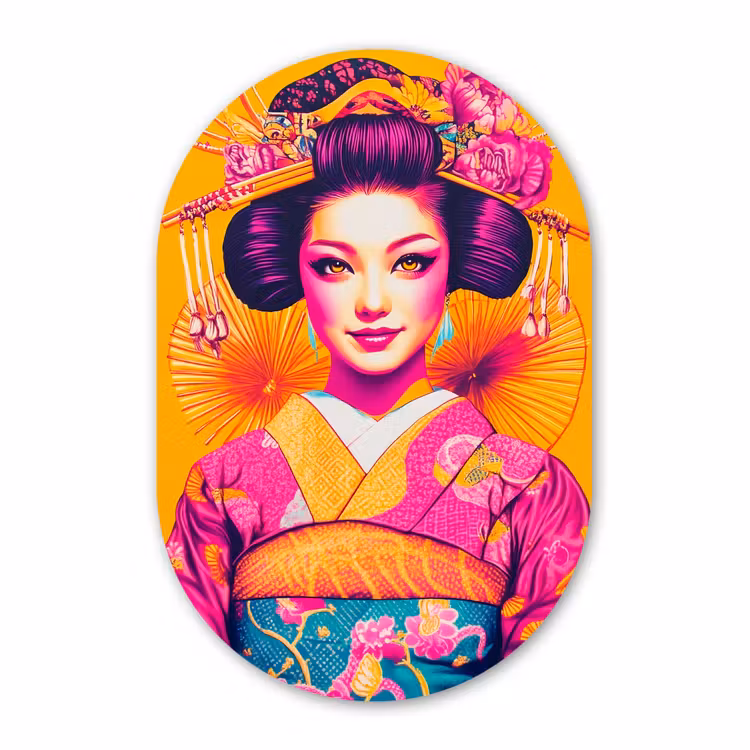 Muurovaal - Glas - Bloemen - Vrouw - Kimono - Roze — 1