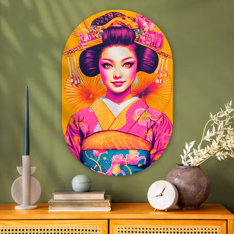Muurovaal - Glas - Bloemen - Vrouw - Kimono - Roze — 2