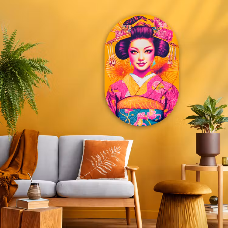 Muurovaal - Glas - Bloemen - Vrouw - Kimono - Roze — 3