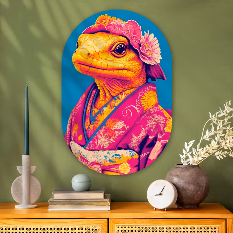 Muurovaal - Glas - Bloemenkrans - Hagedis - Kimono - Paars — 2
