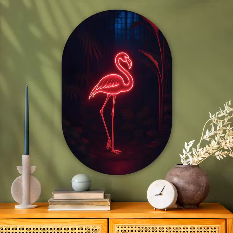 Muurovaal - Glas - Flamingo - Roze - Neon - Licht — 2
