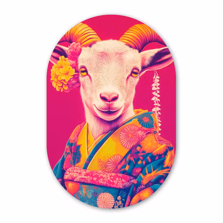 Muurovaal - Glas - Geit - Hoorns - Kimono - Kleurrijk — 1
