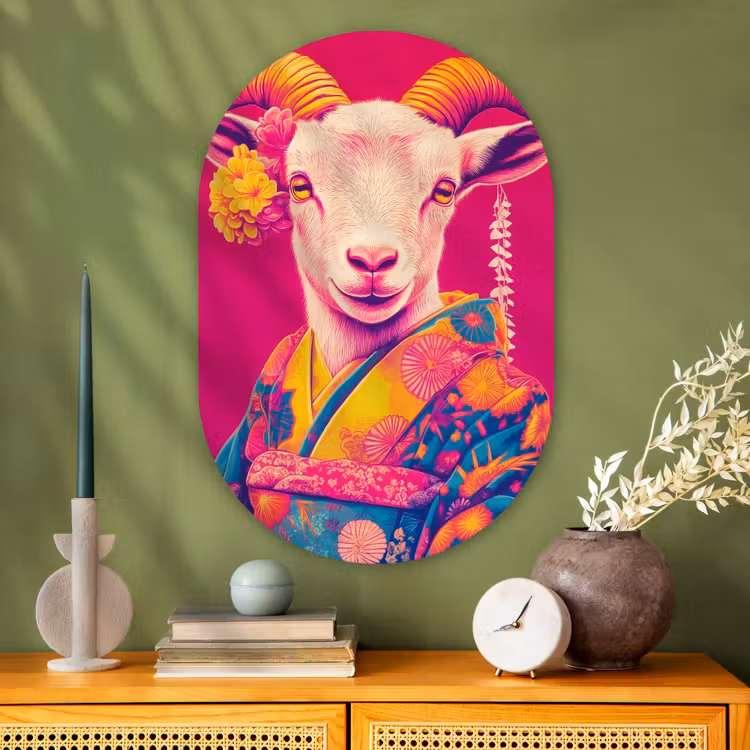 Muurovaal - Glas - Geit - Hoorns - Kimono - Kleurrijk — 2