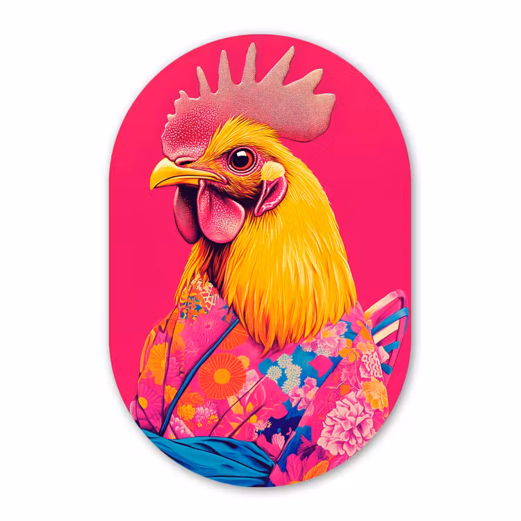 Muurovaal - Glas - Haan - Kleurrijk - Kimono - Roze — 1
