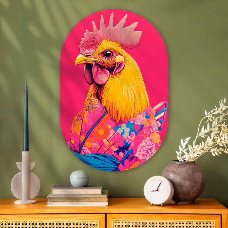 Muurovaal - Glas - Haan - Kleurrijk - Kimono - Roze — 2