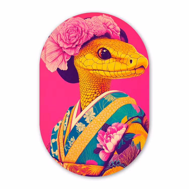 Muurovaal - Glas - Hagedis - Bloemen - Roze - Kimono — 1