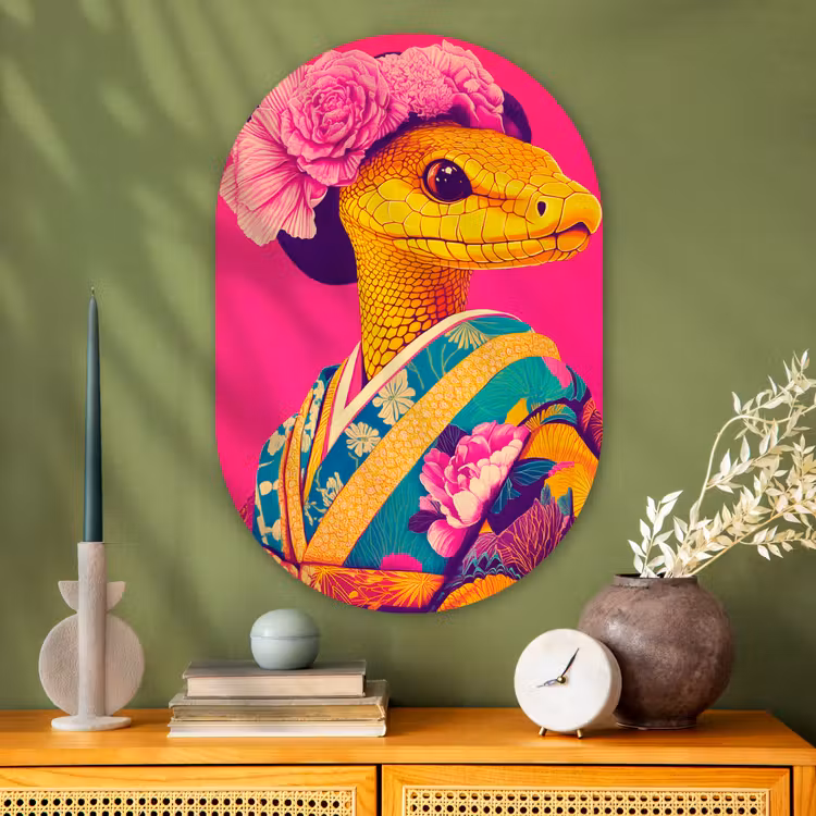 Muurovaal - Glas - Hagedis - Bloemen - Roze - Kimono — 2