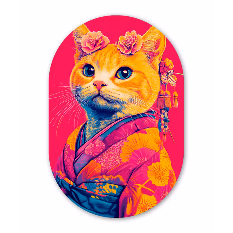 Muurovaal - Glas - Kat - Kimono - Bloemen - Roze — 1