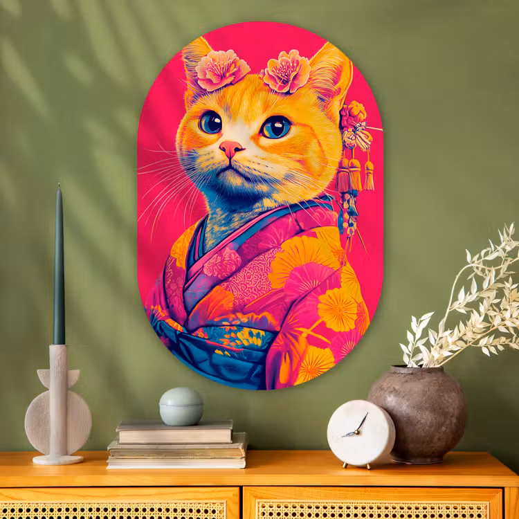 Muurovaal - Glas - Kat - Kimono - Bloemen - Roze — 2