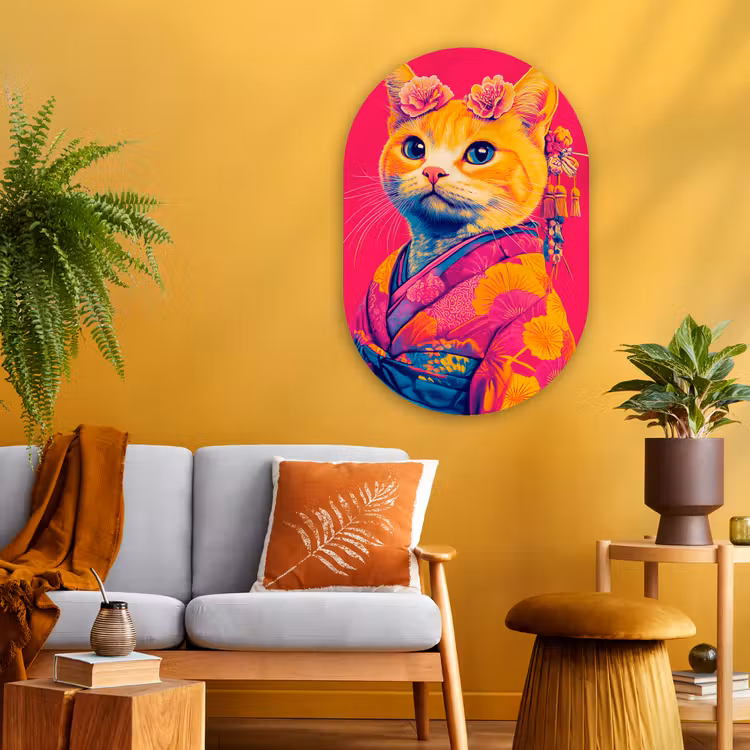 Muurovaal - Glas - Kat - Kimono - Bloemen - Roze — 3