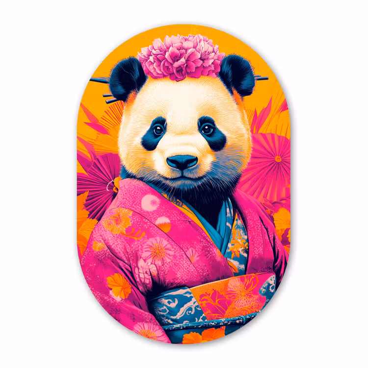 Muurovaal - Glas - Kimono - Roze - Panda - Bloemenkroon — 1