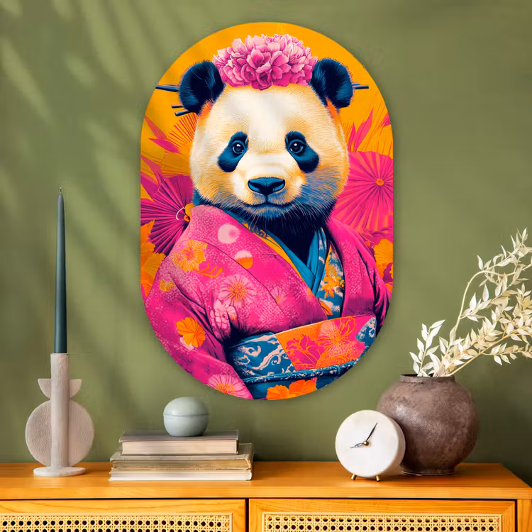 Muurovaal - Glas - Kimono - Roze - Panda - Bloemenkroon — 2
