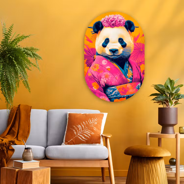 Muurovaal - Glas - Kimono - Roze - Panda - Bloemenkroon — 3