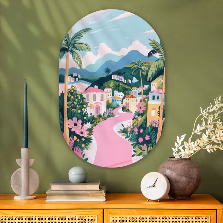 Muurovaal - Glas - Kleurrijk - Huizen - Heuvels - Roze — 2