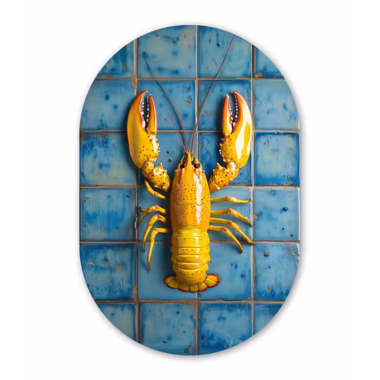 Muurovaal - Glas - Kreeft - Geel - Blauw - Tegels — 1