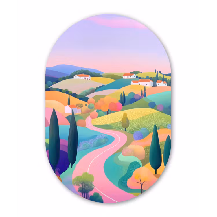 Muurovaal - Glas - Landschap - Paars - Pastel - Huizen — 1