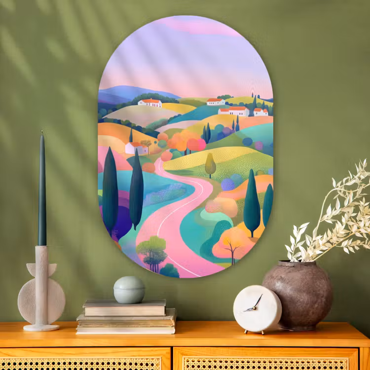 Muurovaal - Glas - Landschap - Paars - Pastel - Huizen — 2