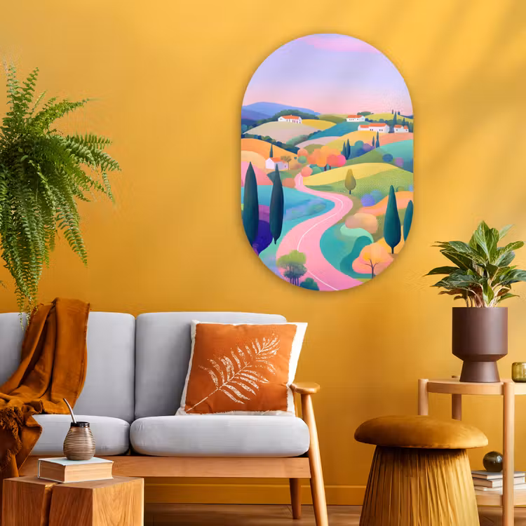 Muurovaal - Glas - Landschap - Paars - Pastel - Huizen — 3