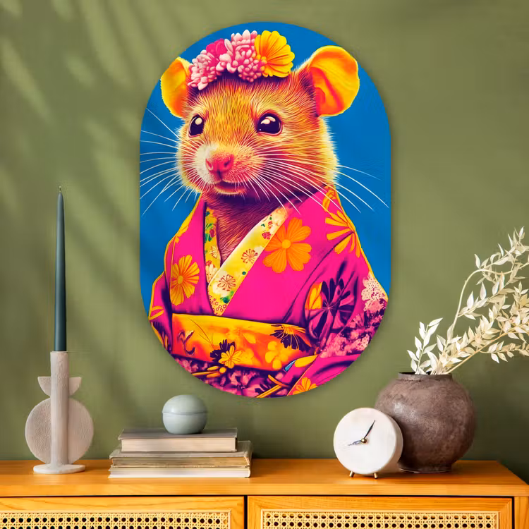 Muurovaal - Glas - Muis - Kimono - Bloemen - Blauw — 2