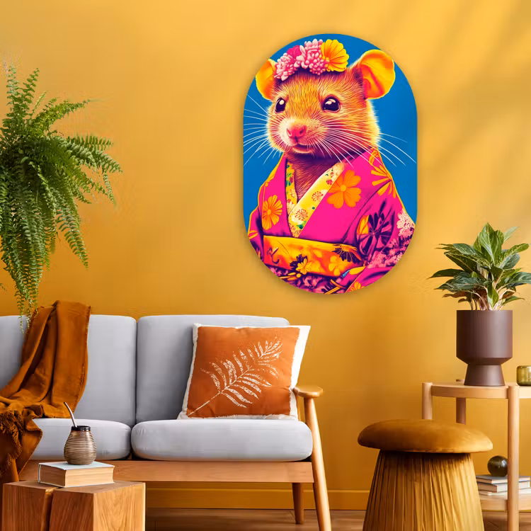 Muurovaal - Glas - Muis - Kimono - Bloemen - Blauw — 3