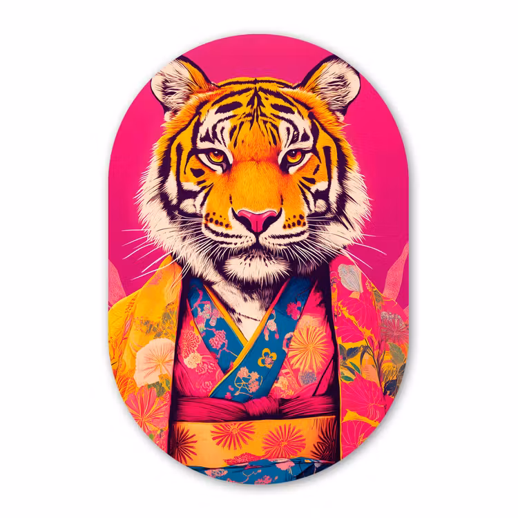 Muurovaal - Glas - Tijger - Kimono - Planten - Roze — 1