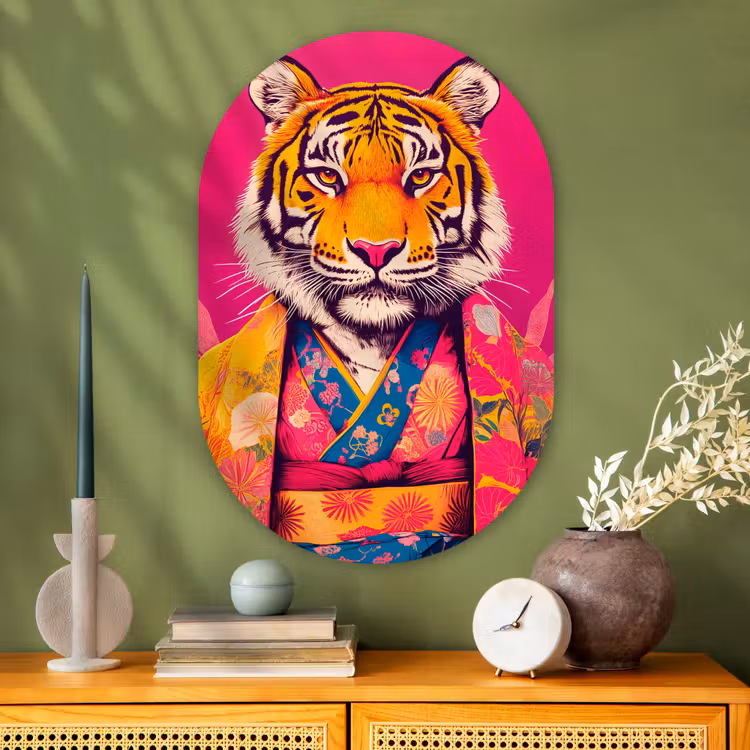 Muurovaal - Glas - Tijger - Kimono - Planten - Roze — 2