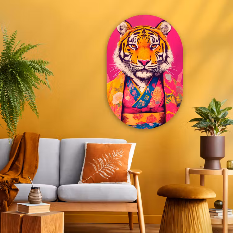 Muurovaal - Glas - Tijger - Kimono - Planten - Roze — 3